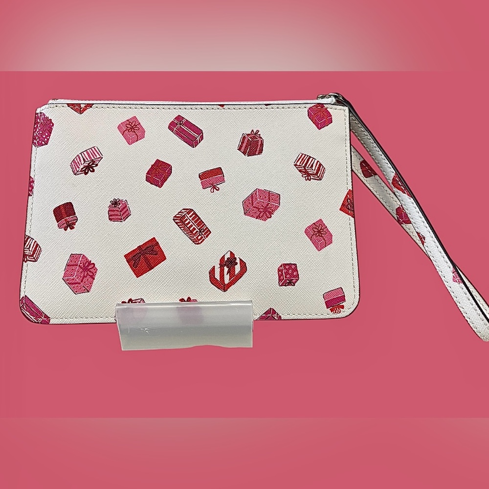 Kate Spade Lg Wristlet Pink Presents on White Saffiano Leather Excellent Cond - Picture 6 of 15